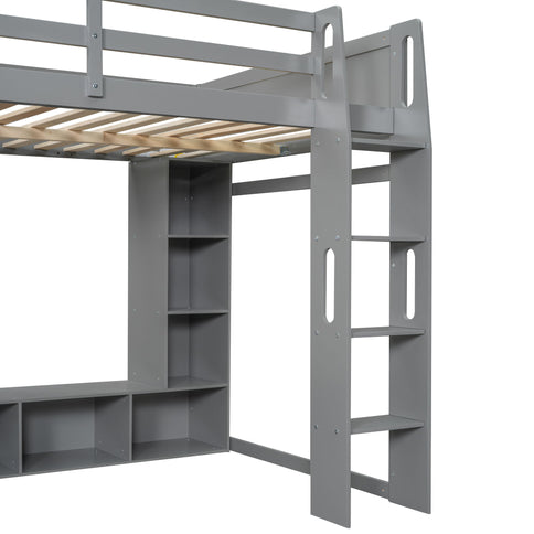 Gaming Loft Bed With Desk, Multi Storage Shelves, LED Lighting, And Hanging Clothes Rack
