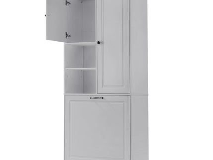 Modern Tall Storage Cabinet With Adjustable Shelves, Flip-Out Basket & Enclosed Doors