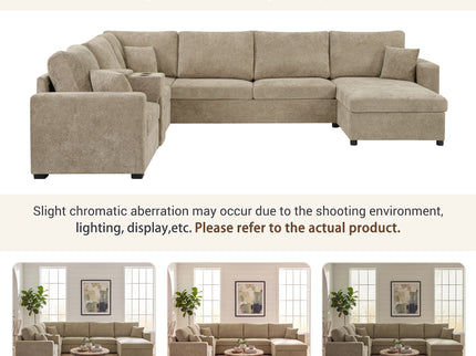 Modular 5 Seat U-Shape Sectional Sofa With Chaise Lounge, Built In Cup Holders And Storage Drawer