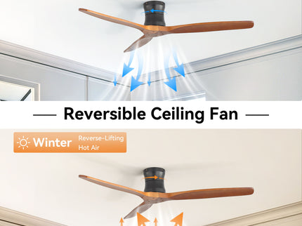 52" Ceiling Fan, No Light Flush Mount Low Profile 3 Blades With Remote Control