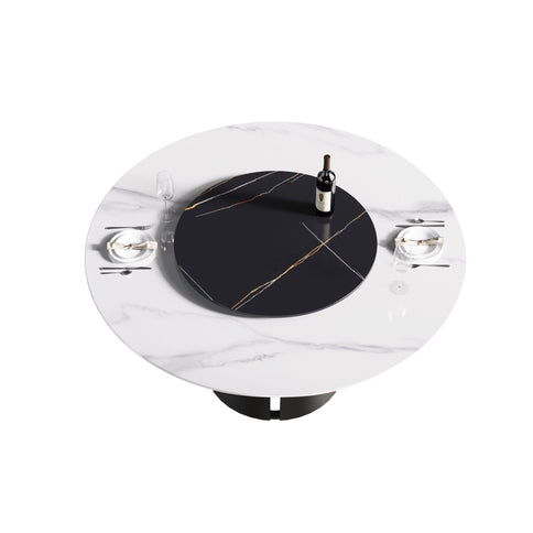 Modern Artificial Stone Round Carbon Steel Base Dining Table, Can Accommodate 6 People, Artificial Stone Turntable