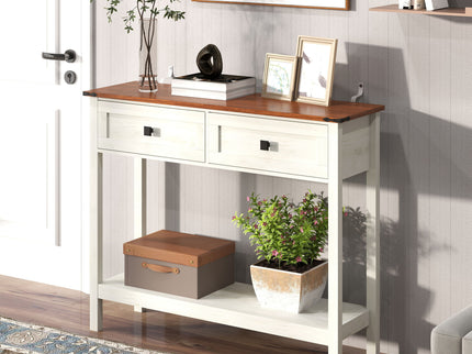 Farmhouse Style Console Table With 2 Drawers And Bottom Storage Shelf