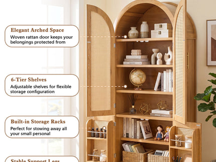 Tall Arched Cabinet With Rattan Doors & Adjustable Shelves