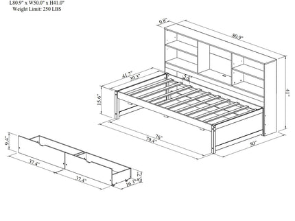 Bed Frame With Side Bookshelves, 2 Drawers, And Built In USB Port