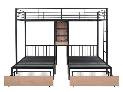 Triple Bunk Bed With Drawers, Multi-Functional Frame With Desks And Shelves In The Middle