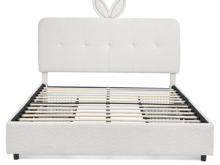 Upholstered Bed With Oversized Rabbit Ear Headboard, LED Lights & 4 Storage Drawers