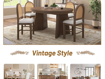 Extendable Round Dining Table Set For 4 With 4 Upholstered Chairs - Beige / Walnut
