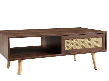 41.34" Rattan Coffee Table, Sliding Door For Storage, Solid Wood Legs, Modern Table For Living Room