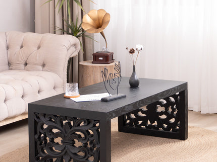 Rustic Carved Wood Coffee Table, Handcrafted Look With Ornate Side Panels