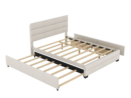 Queen Platform Bed With Twin Trundle And 2 Storage Drawers - Beige