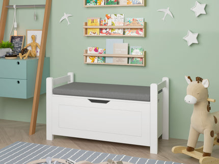 Kids Toy Box Chest Storage Cabinet With Cushion Seat Bench Flip Top Lid Safety Hinge - White