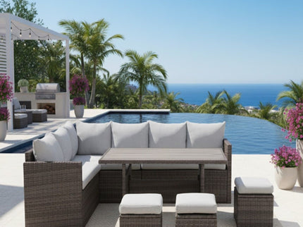 7 Piece All Weather Patio Dining Set With Cushions, Sectional Sofa, Ottomans & Table For Backyard - Gray / Brown