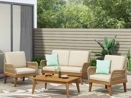 Hueber - Outdoor And Rope 4 Seater Chat Set With Cushions - Teak