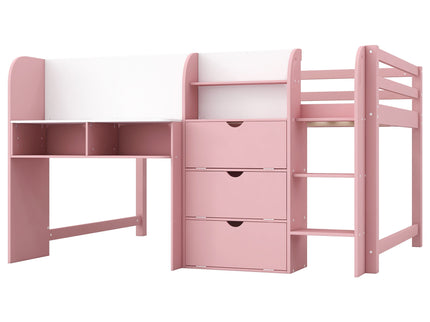 Low Loft Bed With Built In Desk, Storage Cabinets, Open Bookcase And Doodle board