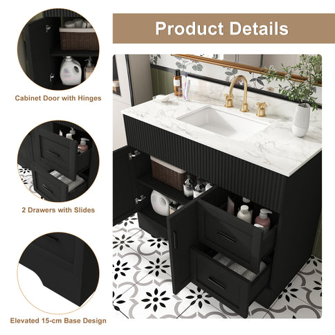 Bathroom Vanity Set, Soft Close Doors & Drawers, 3 Faucet Holes, Sink Included - Black