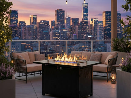 Outdoor 2 In 1 Propane Fire Pit Table With Lid & Glass Shield, Rectangular Fire Table, Lava Rock & Cover - Black