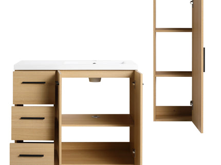Freestanding Bathroom Vanity Set With Tall Linen Cabinet, 3 Drawers And Large Storage, Single Sink