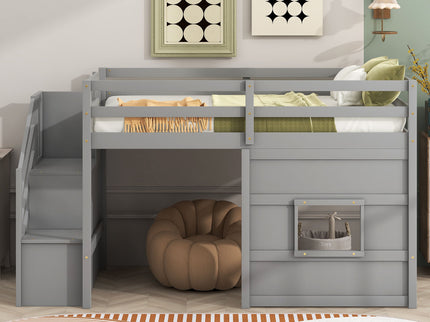 Loft Bed With Storage Staircase, Window & LED Light