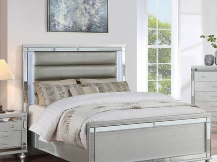 Modern Bed With LED Lights And Glass Panels, 2 Nightstands