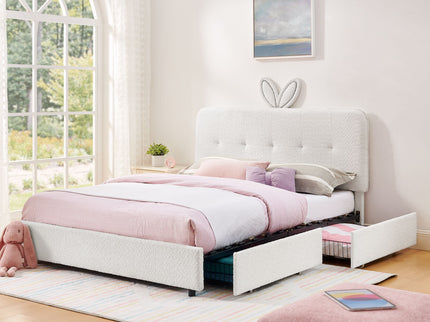 Upholstered Bed With Oversized Rabbit Ear Headboard, LED Lights & 4 Storage Drawers