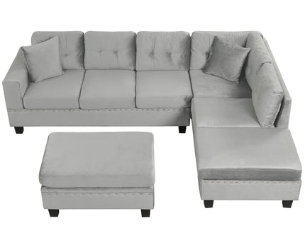 Modern Sectional Sofa With Storage Ottoman, L - Shape Couch With 2 Pillows And Cup Holders
