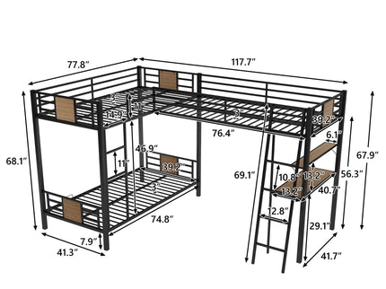 L-Shaped Twin Over Twin Bunk Bed With Twin Size Loft Bed With Desk And Shelf - Brown