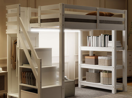 Loft Bed With 4 Layer Shelves, Storage Staircase, Small Wardrobe And LED Light