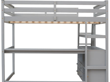 Modern Loft Bed With Built In Desk, Shelves, And 2 Drawers