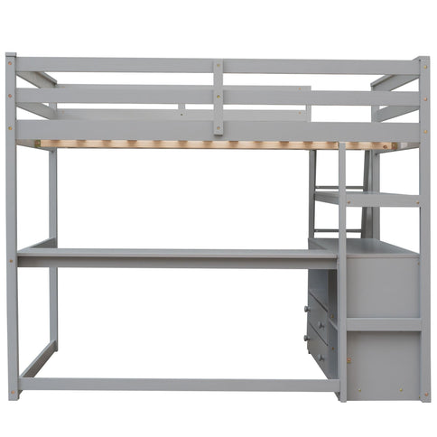 Modern Loft Bed With Built In Desk, Shelves, And 2 Drawers