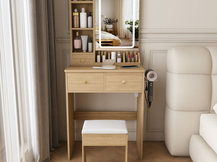 Small Vanity Desk With 3 LED Lighting Modes, 3 Drawers, Hair Dryer Holder, Power Socket, And Dressing Chair - Natural Walnut