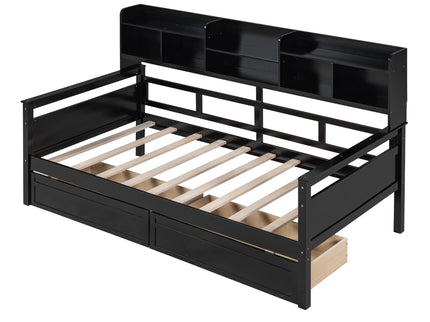 Daybed, Slat Support, With Bedside Shelves And 2 Drawers