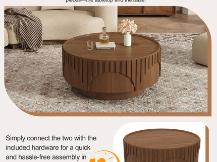 Round Fluted Drum Coffee Table With Sturdy Base For Living Room