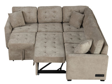 L-Shape Sofa Bed Pull-Out Sleeper Sofa With Wheels, USB Ports, Power Sockets For Living Room
