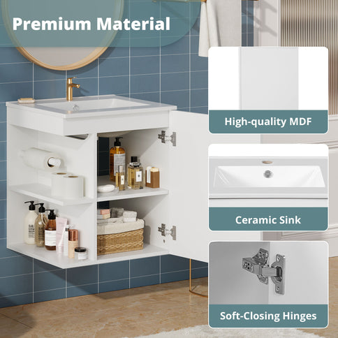 Modern Wall Mounted Bathroom Cabinet With Side Shelf And Ceramic Sink