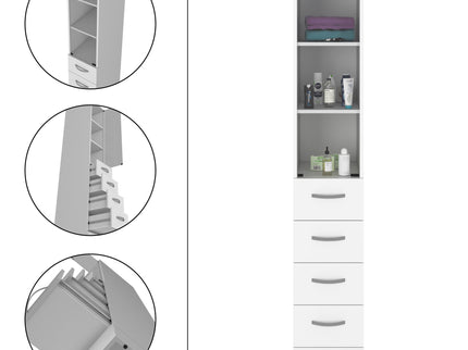 Linen Cabinet, 3 Shelves, 4 Drawers And Metal Handles - White