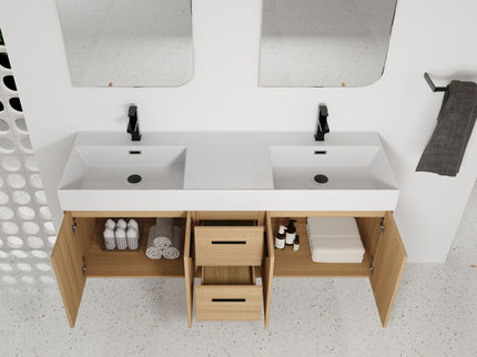 Floating Double Sink Bathroom Vanity With Drawers And Doors, Extra Large Storage, Integrated Sink, Soft Close Hardware - Glossy White / Light Oak