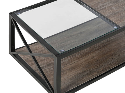 Industrial Style Coffee Table For Bedroom & Living Room With Tempered Glass & Wood Grain - Wood
