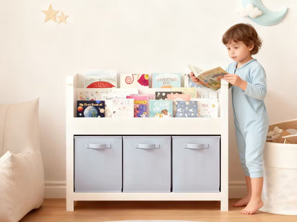 Bookshelf With 3 Tier Front Facing Storage And 3 Bins, Toddler Bookcase For Playroom - White