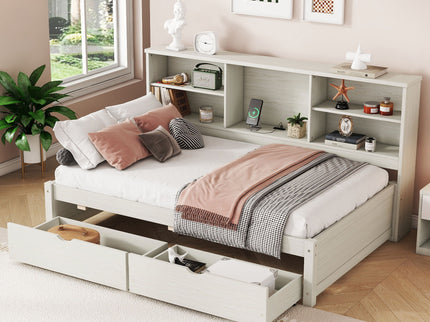 Bed Frame With Side Bookshelves, 2 Drawers, And Built In USB Port