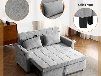 Pull-Out Sleeper Sofa With Reversible Backrest Cushion, Side Pockets, 2 USB Ports And A Phone Holder For Living Room