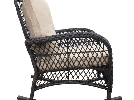 3 Pieces Conversation Set, Outdoor Wicker Rocker Patio Bistro Set, Rocking Chair With Glass Top Side Table - Brown / Beige