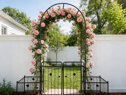 Metal Garden Arch With Gate Wide High Climbing Plants Support Rose Arch Outdoor - Black