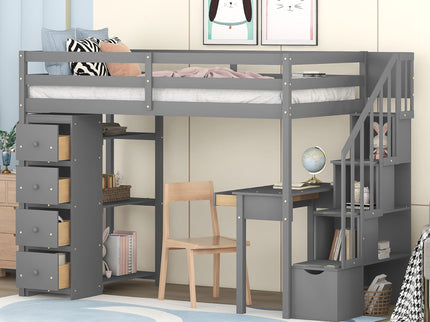 Loft Bed With Storage Drawers, Desk And Stairs With Shelves