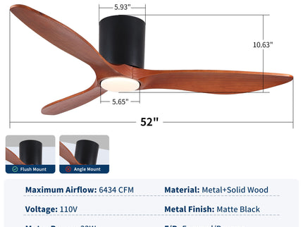 Low Profile Flush Mount Ceiling Fan With Light And Reversible Quiet Motor - Matte Black