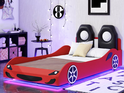 Race Car Shaped Platform Bed With LED And Upholstered Backrest In