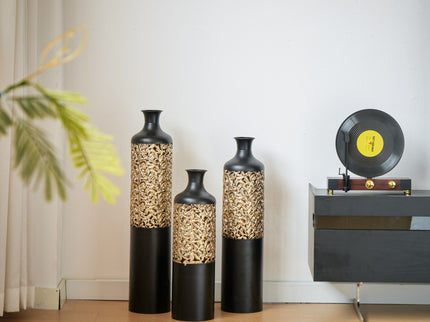 Floor Metal Vases Decorated Metal Vases (Set of 3) Gorgeous Home Decoration Large Glazed Metal Vases - Black / Gold