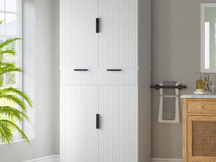 Fluted Kitchen Pantry Cabinet With 3 Keyboard Drawers & 6 Adjustable Door Shelves