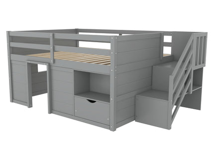 Low Loft Bed Frame With Built In Stairs, Storage Drawer, Shelf And 7 Color LED Light