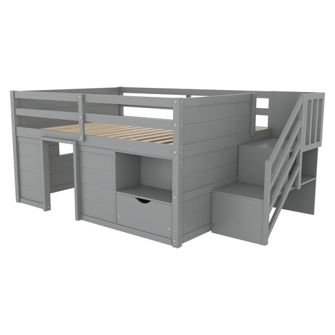 Low Loft Bed Frame With Built In Stairs, Storage Drawer, Shelf And 7 Color LED Light