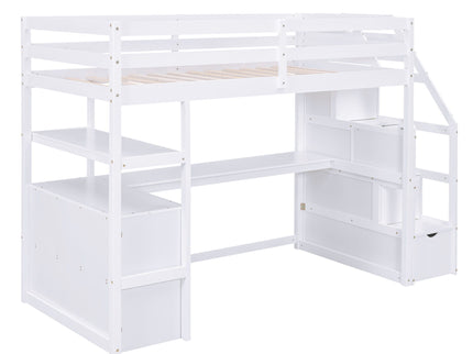Loft Bed With Desk, Shelves, 2 Drawers, Storage Staircase
